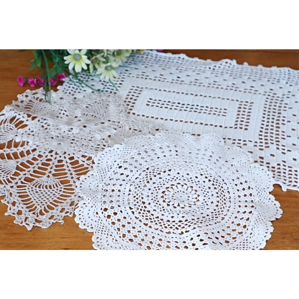 3 Doilies Doily Crocheted Doily White & Ecru  Vintage Doilies  V24